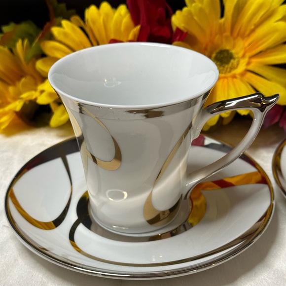 New Beautiful Delicate Gold & Silver Metallic Swirl Tea Set For 2 In A Gift Box - Picture 4 of 16